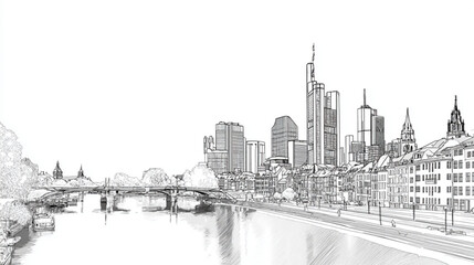 Fototapeta premium Hand drawn pencil sketch of the Frankfurt am Main city skyline in Germany.