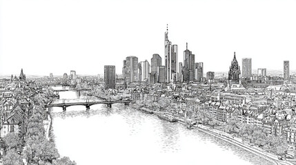Fototapeta premium Detailed black and white sketch of the Frankfurt am Main city skyline.