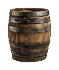 Rustic Wooden Barrel with Metal Hoops, Aged Texture, Vintage Container, Ideal for Wine, Whiskey, or Storage, Isolated PNG set Transparent backround