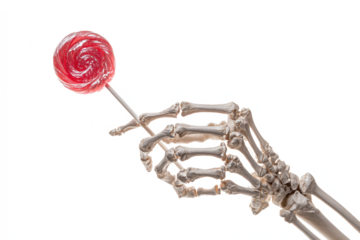 Skeleton hand holding a red lollipop spooky and humorous isolated on white background