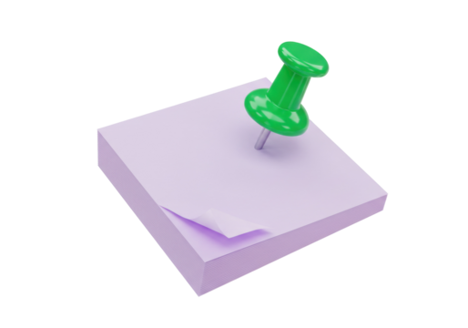 Stack of purple sticky notes with green push pin isolated, memo pad for reminders and organization PNG