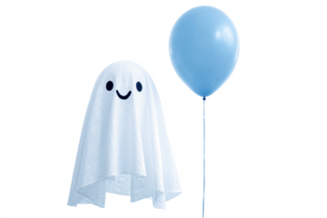 Cute ghost with a smiling face and a blue balloon isolated on white background perfect for Halloween designs