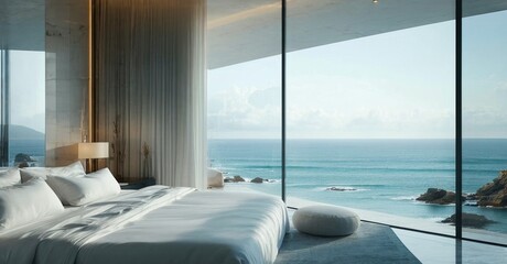 Ultra thin glossy display off ocean view hotel room with white tones