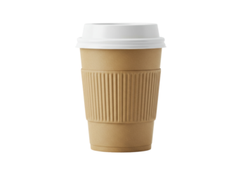 Brown paper coffee cup with white lid isolated, disposable drink container for hot beverages and takeaway service