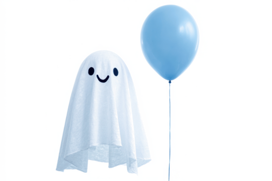 Cute ghost with a smiling face and a blue balloon isolated on white background perfect for Halloween designs