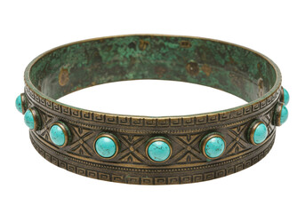 Antique bronze bangle with turquoise stones isolated on transparent background, vintage jewelry with patina and ornate design