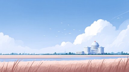 Serene landscape depicting a modern architectural masterpiece reflected in tranquil waters under a blue sky