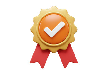 Gold quality badge with check mark isolated PNG, guarantee seal of approval for product certification and premium service