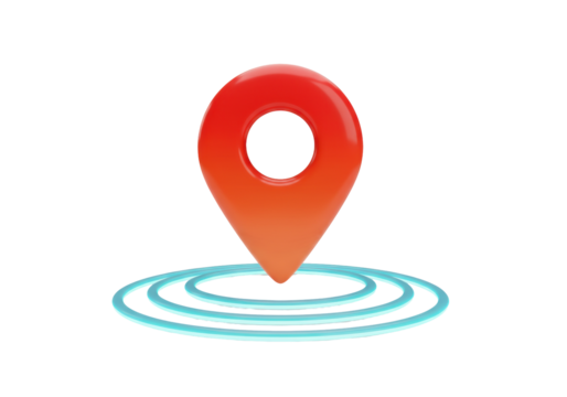 Red location pin PNG isolated on transparent background, 3D rendering GPS pointer with blue concentric circles