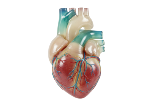 Human heart model isolated on transparent background, anatomical organ for medical education and healthcare