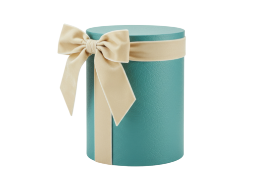 Teal cylinder gift box with beige velvet ribbon and bow isolated, elegant present for special occasions and holidays PNG