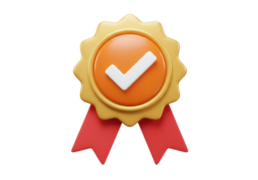 Gold quality badge with check mark isolated PNG, guarantee seal of approval for product certification and premium service