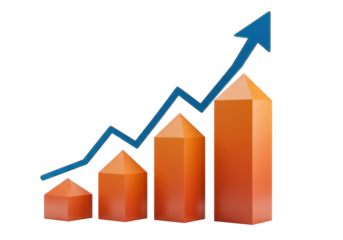 Upward trend chart PNG isolated on transparent background, financial growth concept with blue arrow and orange bar graph for business