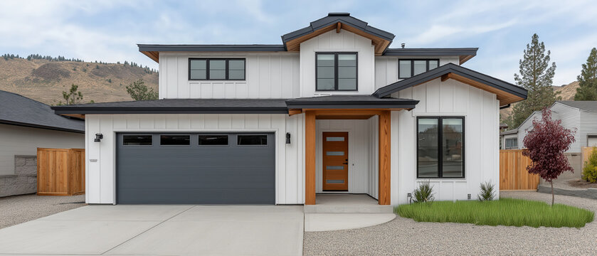 Modern suburban house exterior for real estate listings and brochures