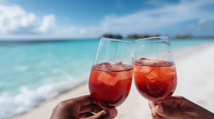 Two hands clinking icy red cocktails in a tropical beach toast, celebrating romance and luxury travel against turquoise water, white sand and bright sunny sky