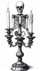 Fototapeta premium Ornate Candlestick Topped with Human Skeleton Holding Candles in Monochrome