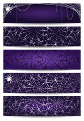 Web banners with spider web and spiders. Set of vector Halloween purple web banners with spider web