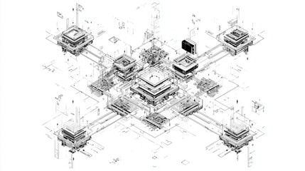 Fototapeta premium Isometric blueprint of a futuristic data center network.