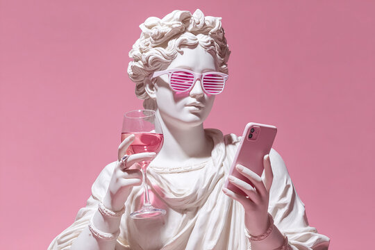 A woman with the face of a classical sculpture takes a selfie with a glass of wine. Contemporary art on a pink background. Concepts of self-expression, social media, and style. - Powered by Adobe