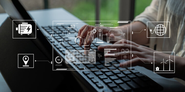 Smart interface showing electric vehicle performance, battery system, power control, charging status, and integration with renewable and grid-based energy sources Latch