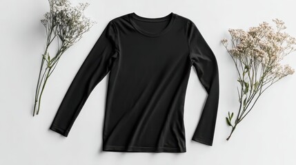 Black long sleeve t shirt, a plain women's top, lying flat and framed by delicate gypsophila flowers on a clean white surface, perfect for fashion and apparel mockups