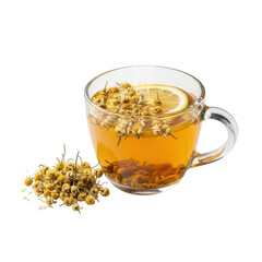A clear glass mug filled with hot chamomile tea, garnished with dried chamomile flowers and a lemon slice, isolated on transparent background