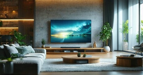 Ultra thin glossy screen television off bright family room with soft lighting