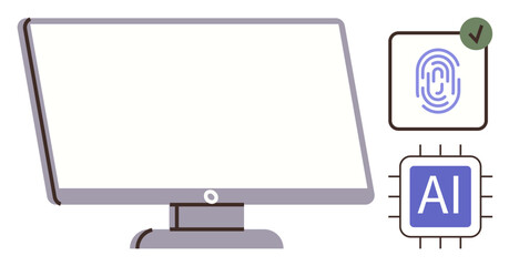 Desktop monitor with a fingerprint scan and AI microchip highlights themes of technology, security, and innovation. Ideal for cybersecurity, AI, data access, authentication, modern devices, tech