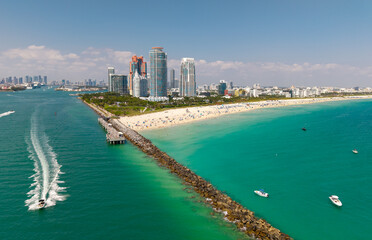 Miami beach cityscape. Miami summer aerial view. Miami Beach shoreline. Blue ocean skyline.