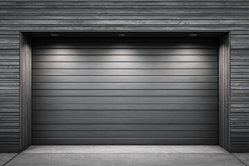 Modern dark gray garage door with wood paneling and lights