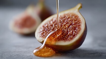 Honey pouring over a halved fresh common fig, highlighting its juicy pulp and sweet seeds, a delicious dessert or healthy snack ready for enjoying