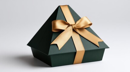 Dark green pyramid gift box with elegant gold ribbon bow, symbolizing celebration, luxury, and exclusive present giving for anniversaries, holidays, and special occasions