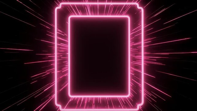 A geometric design featuring a neon pink frame in a dark space with radial lines emanating outwards