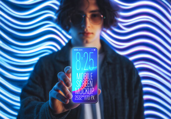 Smartphone Mockup Held by Hand, Neon Lights Background, UI/UX