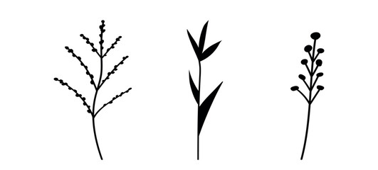 Floral set hand drawn color flowers, leaves, plants. Spring and summer cute isolated elements. Clip art for stationery, web design. Modern floral compositions. Vector illustration.