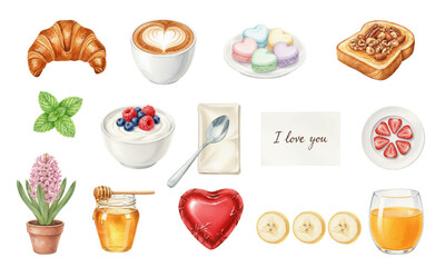 Romantic Watercolor Breakfast Set – Croissant, Coffee and Sweets