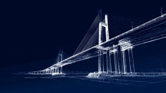 Digital wireframe model of a modern cable stayed bridge structure.