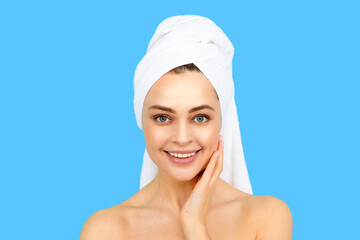 Close up of beauty model with towel on head. Pamper your skin, facial care. Fresh and clear skin, skincare routine. Woman skincare. Beauty cosmetology. Perfect skin of beauty girl. Beauty and spa.