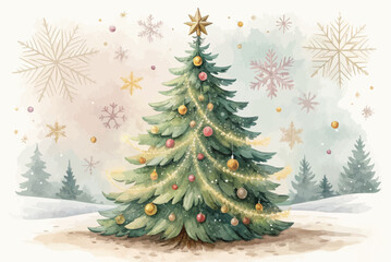 Watercolor christmas tree with ornaments and star in a snowy winter wonderland scene depiction