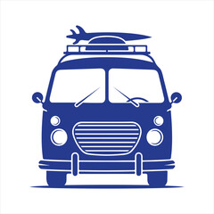 Vector art of front view silhouette of a vintage van with a surfboard on the roof