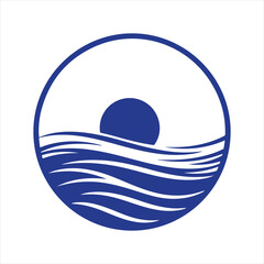 Vector art of circular logo with a sun setting over waves