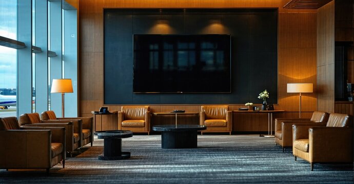 Frameless dark display television off airport lounge with leather seating
