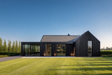 Obraz premium Modern black wooden house with large windows and landscaped lawn in a serene countryside setting during clear daylight hours