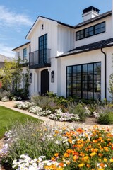 This stunningly contemporary home features a beautifully landscaped garden filled with vibrant flowers, all nestled in a bright and sunny neighborhood during the cheerful daylight hours