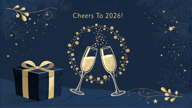 Illustration of champagne glasses toasting with a gift box and cheers to year two thousand twenty six
