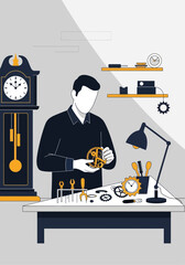 Flat Vector Illustration of Watchmaker Repairing Clock Mechanism