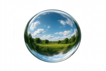 Crystal glass sphere reflecting summer landscape with green meadow, trees, and blue sky on transparent background