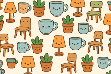 Cute kawaii style seamless pattern featuring adorable cartoon lamps mugs and potted cacti