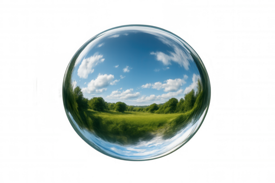 Crystal glass sphere reflecting summer landscape with green meadow, trees, and blue sky on transparent background - Powered by Adobe