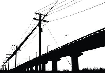 Silhouette of power lines and bridge structure, urban infrastructure design, electricity transmission, city development, industrial landscape, black and white illustration